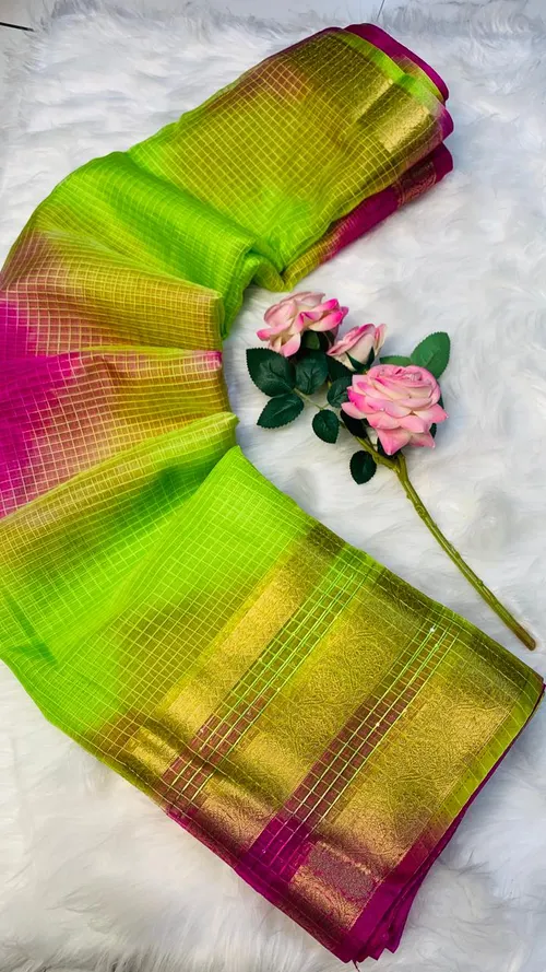 Branded Pure Soft Organza Checks Saree with Batik Print & Jacquard Border – Elegance with Sequin Sparkle